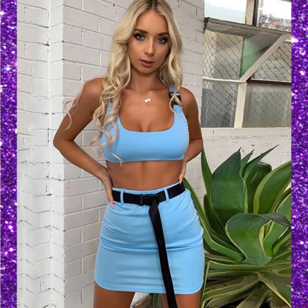 CuteLight blue crop shirt, and belted skirt two piece set